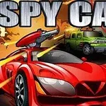 Egy piros autó fegyverrel az elején, amely mögött egy zöld terepjáró látható, robbanás háttérrel, a SPY CAR felirattal