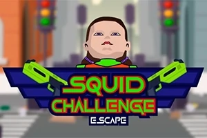Egy illusztrált kép egy digitális karakterrel a háttérben, zöld világító fegyverekkel, középen a Squid Challenge felirattal