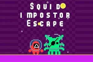 Két rajzfilmszerű karakter, egy piros és egy zöld, állnak egy lila sakktábla mintájú háttér előtt, miközben felettük a Squid Impostor Escape felirat látható