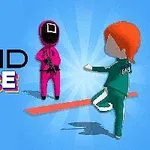 Két stilizált figura, az egyik rózsaszín ruhában fekete maszkot visel, a másik zöld tréningruhában ugrik egy deszkán, kék háttérrel és színes SQUID RACE felirattal