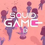 Színes animált figurák kék ruhában állnak szétszórva egy narancssárga háttéren, a kép közepén fehér és rózsaszín betűkkel kiírva a SQUID GAME 3D szöveg