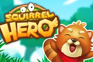 Rajzfilmes stílusú vörös panda piros sállal, vidám arckifejezéssel, és Squirrel Hero felirattal, kék ég háttérrel