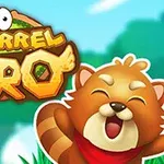 Rajzfilmes stílusú vörös panda piros sállal, vidám arckifejezéssel, és Squirrel Hero felirattal, kék ég háttérrel