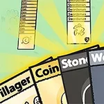 Kártyák és pontozótáblák színes grafikái, amelyeken Villager, Coin, Stone és Wood szavak láthatók