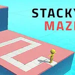 Egy sárga figura áll egy rózsaszín platformon kanyargós fehér úttal a STACKY MAZE felirat mellett