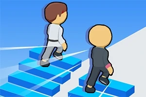 Két rajzfilmszerű figura lépcsőn szalad egy minimalista, kék árnyalatú környezetben