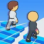Két rajzfilmszerű figura lépcsőn szalad egy minimalista, kék árnyalatú környezetben