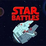 Egy futurisztikus űrhajó lebeg a csillagos égbolton, háttérben két bolygó látható, felül pedig piros Star Battles felirat