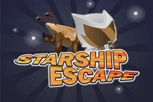 Háttérben sötét égbolton világító csillagok, előtérben animált figura és Starship Escape felirat