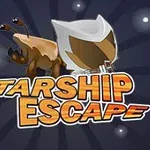 Háttérben sötét égbolton világító csillagok, előtérben animált figura és Starship Escape felirat