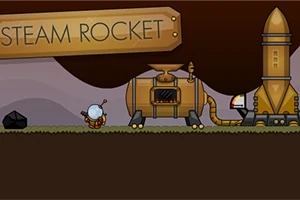 Egy rajzolt űrhajós figura áll egy gőzzel működő rakéta mellett egy kijelzőn, ahol a háttérben a STEAM ROCKET felirat látható