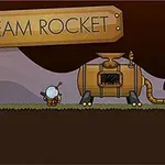 Egy rajzolt űrhajós figura áll egy gőzzel működő rakéta mellett egy kijelzőn, ahol a háttérben a STEAM ROCKET felirat látható
