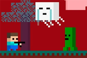 Pixeles 2D grafika egy karakterrel, aki kék ruhát és barna hajat visel, fegyvert tart egy fa mellett, szemben egy zöld lénnyel és egy fehér lebegő arcú alakzattal piros háttér előtt