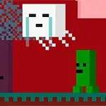 Pixeles 2D grafika egy karakterrel, aki kék ruhát és barna hajat visel, fegyvert tart egy fa mellett, szemben egy zöld lénnyel és egy fehér lebegő arcú alakzattal piros háttér előtt