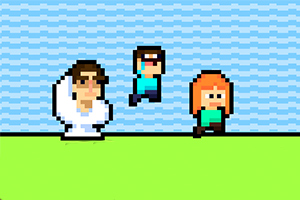 Három pixeles figura látható: egy barna hajú labdát tartó személy, egy középen ugró alak kék ruhában, és egy vörös hajú személy zöld ruhában kék háttér előtt