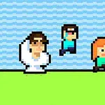 Három pixeles figura látható: egy barna hajú labdát tartó személy, egy középen ugró alak kék ruhában, és egy vörös hajú személy zöld ruhában kék háttér előtt