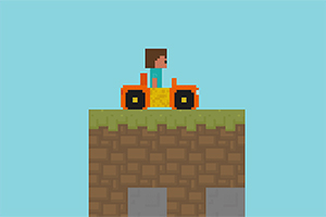 Egy pixelgrafikás figura narancssárga járművel egy füves blokkon áll a kék háttér előtt