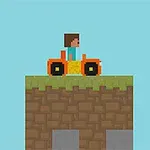 Egy pixelgrafikás figura narancssárga járművel egy füves blokkon áll a kék háttér előtt