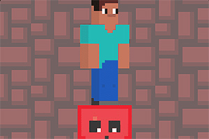 Egy pixelart figura áll egy piros, kockás háttér előtt, miközben egy kocka alakú, arccal ellátott tárgyon áll
