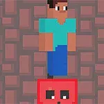 Egy pixelart figura áll egy piros, kockás háttér előtt, miközben egy kocka alakú, arccal ellátott tárgyon áll