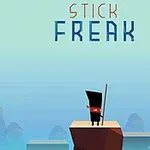 Egy fekete alak egyensúlyoz egy sziklán, hosszú bottal a kezében, háttérben hegyekkel és az STICK FREAK felirattal