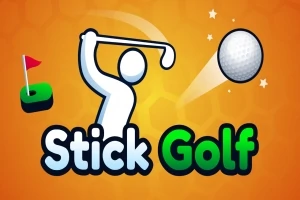 Egy narancssárga háttéren egy stilizált figura golfütéssel, mellette a Stick Golf felirat látható, golflabdával és zászlóval