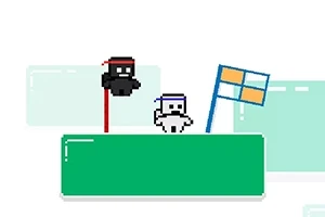 Két pixeles ninja figura áll egy zöld platformon, háttérben kék és narancssárga zászlóval