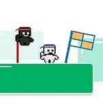 Két pixeles ninja figura áll egy zöld platformon, háttérben kék és narancssárga zászlóval