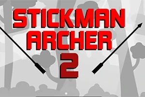 A kép közepén nagy piros betűkkel a „STICKMAN ARCHER 2” szöveg olvasható, két fekete nyíl társaságában, egy stilizált erdő háttér előtt