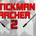 A kép közepén nagy piros betűkkel a „STICKMAN ARCHER 2” szöveg olvasható, két fekete nyíl társaságában, egy stilizált erdő háttér előtt