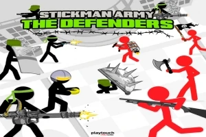 Fekete és piros pálcikafigurák harcolnak különféle fegyverekkel egy városi térképen, a háttérben zöld színű Stickman Army: The Defenders felirat olvasható