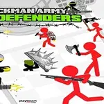 Fekete és piros pálcikafigurák harcolnak különféle fegyverekkel egy városi térképen, a háttérben zöld színű Stickman Army: The Defenders felirat olvasható