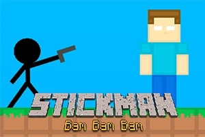 Egy pálcikaember egy kocka alakú figurára irányít pisztolytartással, a háttér kék, alul pedig a Stickman Bam Bam Bam felirat látható