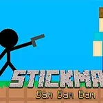 Egy pálcikaember egy kocka alakú figurára irányít pisztolytartással, a háttér kék, alul pedig a Stickman Bam Bam Bam felirat látható