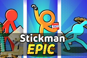 Három színes pálcikaember különböző pózokban áll a háttér előtt, „Stickman Epic” felirattal
