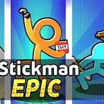 Három színes pálcikaember különböző pózokban áll a háttér előtt, „Stickman Epic” felirattal