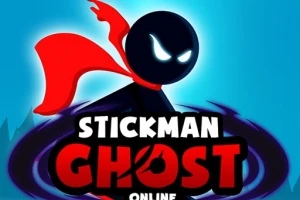 Egy fekete körvonalú figura piros sállal és fényes szemekkel, kék háttér előtt, alul Stickman Ghost Online felirattal