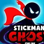 Egy fekete körvonalú figura piros sállal és fényes szemekkel, kék háttér előtt, alul Stickman Ghost Online felirattal