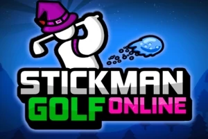 Egy rajzolt figura lila kalapban golfütéssel labdát küld, a háttér kék árnyalatú, alján nagybetűkkel a Stickman Golf Online szöveg olvasható