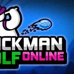 Egy rajzolt figura lila kalapban golfütéssel labdát küld, a háttér kék árnyalatú, alján nagybetűkkel a Stickman Golf Online szöveg olvasható