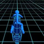 Kék humanoid figura biciklin egy fekete, neonhálós háttér előtt