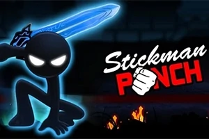 Egy sötét hátterű kép, amelyen egy ragyogó szemű, kék fényű kardot tartó pálcikaember látható, mellette Stickman Punch felirattal