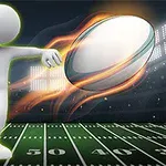 Fehér figura egy 3D-s sportpályán labdát rúg, miközben a háttérben fények világítanak