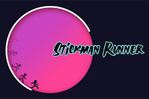 Egy rózsaszín-lila körön egy sor futó pálcikaember látható, mellette a Stickman Runner felirat