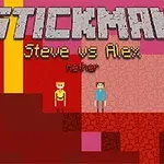 Píxel stílusú, vörös tónusú háttér előtt két figurára, Stickman és Alex, egy platformos jelenetben