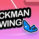 A képen egy rózsaszín háttéren fekete-fehér felirattal van a Stickman Swing szöveg, egy kötélről lógó kék figurával