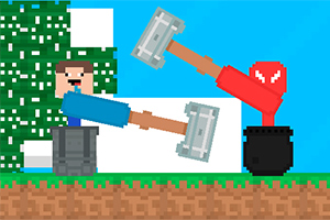 Két pixeles figura egyensúlyoz kalapácsokkal egy pixeles táj előtt