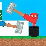 Két pixeles figura egyensúlyoz kalapácsokkal egy pixeles táj előtt