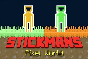 Két pixeles alak, egy sárga és egy zöld, áll szemben különböző színű füves talajon, a STICKMANS Pixel World felirattal alattuk