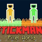 Két pixeles alak, egy sárga és egy zöld, áll szemben különböző színű füves talajon, a STICKMANS Pixel World felirattal alattuk